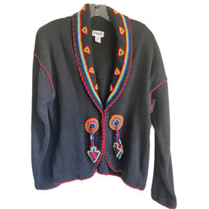 Vintage Victoria‎ Jones Cardigan Heavily Beaded Indian Aztec Long Sleeve Black M